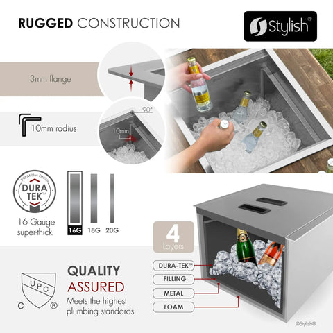 Badass Hella Insulated Workstation Sink For Outdoor Kitchen Bar Station With Deep Stainless Bowl Includes Heavy Duty Lid Commercial Grade Strainer And Cutting Board Built Sick, showing rugged construction and ice-filled basin.