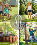 Beefy Heavy Duty Stainless Steel Carabiner Clips 3.15-Inch Large 5 Pack 600 Lb Load Capacity Spring Snap Locking Hooks For Gym Use Outdoor Camping Hiking Plant Hanging And More shown with uses like swinging, pet walking, plant hanging, and cableway.