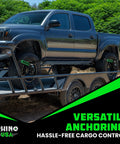 Heavy Duty 2 Inch By 8 Foot Car Tie Down Straps With J Hooks 4 Pack securing a truck on a trailer