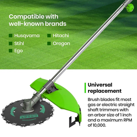 2 Pack 9 Inch 20 Tooth Brush Blades For Trimmers And Brush Cutters, shown attached to a trimmer on grass.