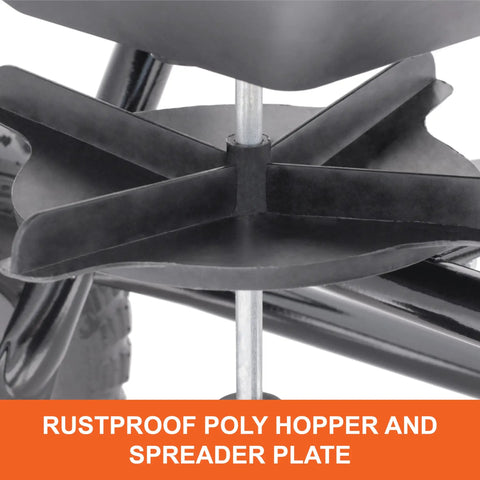 Close-up of rustproof poly hopper and spreader plate on 85 Lb Heavy Duty Push Lawn Spreader Pro For Big Yard Coverage Up To 14,000 Sq Ft