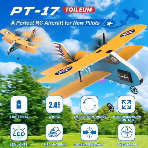 Beginner Friendly RC Plane With 6 Axis Gyro Stabilizer And 2 4Ghz Remote, Includes 3 Batteries, 2 Channel RTF PT17 Toy Airplane, Yellow