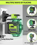 Ultra Bright 16 Line 360 Self Leveling Laser Level With 4D Green Cross Lines mounted on wall with magnetic bracket