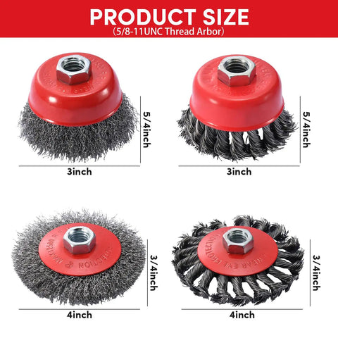 12 Piece Angle Grinder Wire Brush Kit Pro Grade Heavy Duty Carbon Steel Includes Three 4 Inch Knotted Wheels Three 4 Inch Crimped Wheels Three 3 Inch Knotted Cup Brushes And Three 3 Inch Crimped Cup Brushes With Five Eighths Inch Arbor For Rapid Rust, showing knotted and crimped brushes