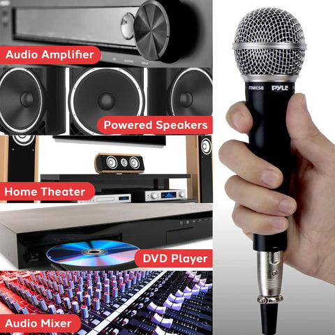 Person holding Stage And Studio Dynamic Cardioid Microphone With Built-In Pop Filter near audio equipment.