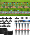 Complete Two Hundred Fifty Foot Drip Irrigation Kit For Gardens No Fuss Setup With Half Inch Main Hose and emitters layout
