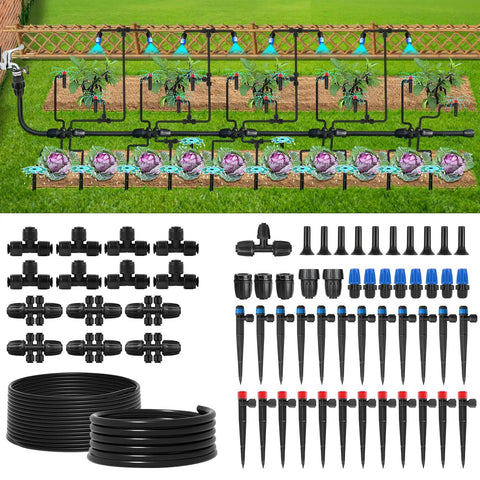 Complete Two Hundred Fifty Foot Drip Irrigation Kit For Gardens No Fuss Setup With Half Inch Main Hose and emitters layout