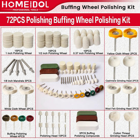 72 Piece Buffing Wheel Polishing Kit for Rotary Tools 1 Eighth Inch Shank with felt wool wheels and abrasive compounds