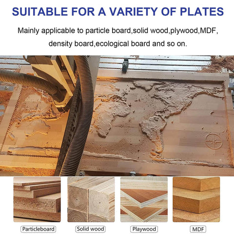 CNC machine carving world map on solid wood with material samples of particle board, plywood, MDF, density board.
