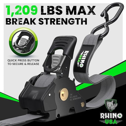 Heavy-Duty Retractable Ratchet Straps Two-Pack, 1-Inch X 10-Feet Long, 1209-Lb Capacity, Gray Cargo Tie-Downs close-up with press button.