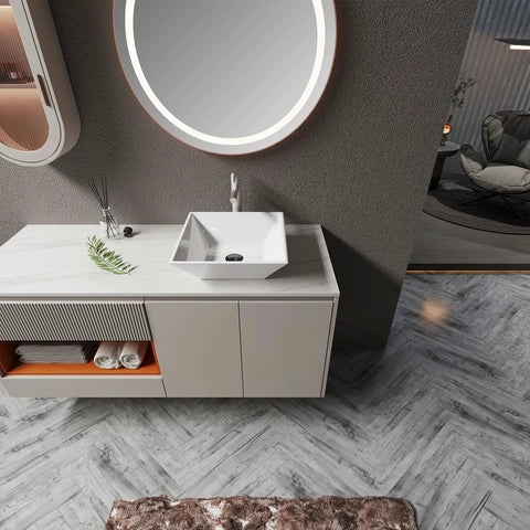 White Square Ceramic Countertop Vessel Sink For Bathroom 16 By 16 By 4.92 Inches Durable Ceramic With No Fuss Surface Mount Installation Sleek Modern Vanity Upgrade For A Fresh Look viewed from above on a marble countertop.