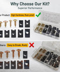 Comparison of All In One 170 Piece Car Screw And U Clip Kit with rust-proof fasteners and inferior rusty screws in open boxes.