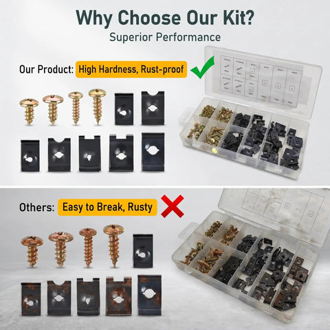 Comparison of All In One 170 Piece Car Screw And U Clip Kit with rust-proof fasteners and inferior rusty screws in open boxes.