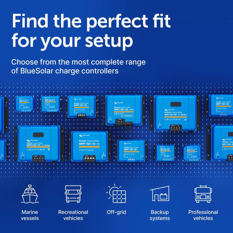 Various BlueSolar charge controllers including MPPT Solar Charge Controller 100V 50A for off-grid and home installations.