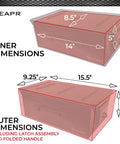 Beefy Heavy Duty Locking Ammo Can Storage Box with dimensions overlay, showing 14x5x8.5 in inner and 15.5x5.5x9.25 in outer sizes.