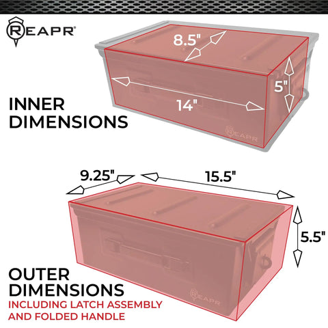 Beefy Heavy Duty Locking Ammo Can Storage Box with dimensions overlay, showing 14x5x8.5 in inner and 15.5x5.5x9.25 in outer sizes.