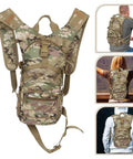 Hiking Backpack For Men With Big Capacity And Comfy Carrying System, camouflage design, shown from front and back in use outdoors