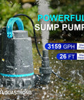 Automatic Sump Pump With Auto On Off Sensor, One Half Horsepower Submersible Utility Pump Delivers 3159 GPH High Flow Water Removal