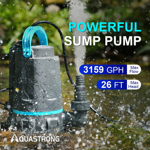 Automatic Sump Pump With Auto On Off Sensor, One Half Horsepower Submersible Utility Pump Delivers 3159 GPH High Flow Water Removal