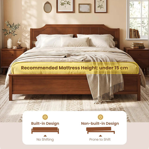 King Size Wooden Bed Frame With Cozy Upholstered Headboard And Rock Solid Thick Wood Slat Support For Legit Bedroom Vibes And Reliable Comfort All Night Long with recommended mattress height under 15 cm.