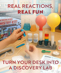 Epic Chemistry Set With 52 Hands On Experiments For Kids Aged 8 To 12 shown with colorful test tubes, balloons, and lab tools.