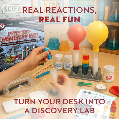 Epic Chemistry Set With 52 Hands On Experiments For Kids Aged 8 To 12 shown with colorful test tubes, balloons, and lab tools.