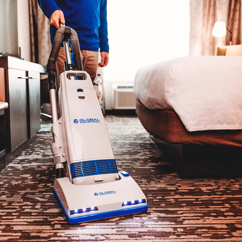 Pro Global Industrial Commercial Upright Vacuum Cleaner Gray, 14 Inch Cleaning Path With Deodorizing Hepa Filter Led Headlight And Adjustable Height For Carpets Or Hard Floors Includes Replacement Bag
