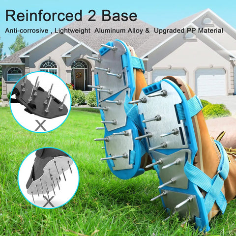 Close-up of fully assembled lawn aerator shoes with adjustable Velcro straps, showing metal spikes for soil aeration on lawn.