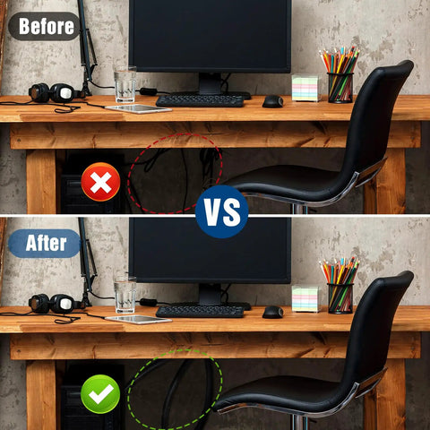 Before and after desk view using Split Wire Loom Tubing Assortment With One Quarter Inch Three Eighths Inch And One Half Inch Inner Diameters 300 Foot Value Pack Black Flexible Corrugated Cable Sleeve For Automotive Harnesses Home And Pet Safe