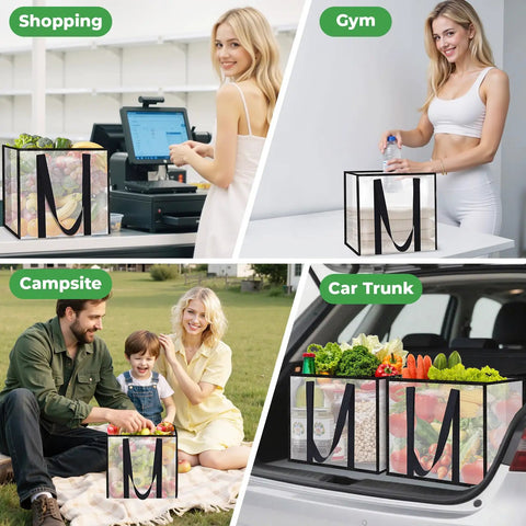 Four Pack Reusable Grocery Bags with heavy duty handles, water resistant and foldable, used for shopping, gym, campsite, and car trunk.