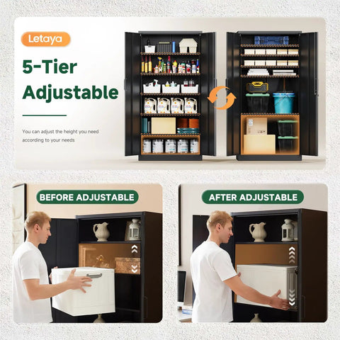 Metal Storage Cabinets With Locking Doors, showing 5 adjustable shelves in use with various items, Tall Locker Organizer
