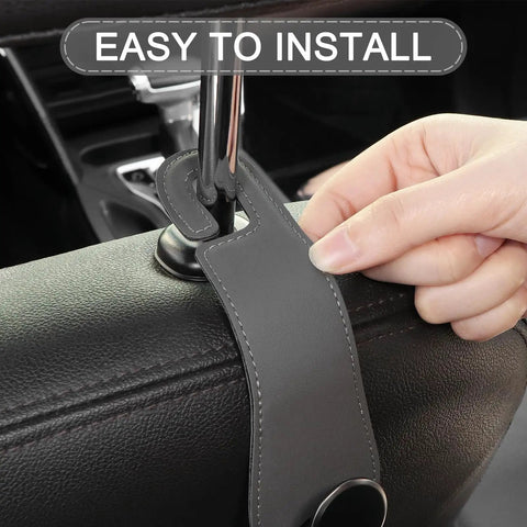Badass Leather Car Headrest Hooks Two Pack Hella Sturdy Seat Storage Hangers For Bags And Groceries Top Shelf Ride Setup Gray in use, easy installation on headrest.
