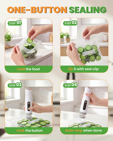 Steps for using Handheld Compact Vacuum Sealer For Food, Portable Meal Saver That Locks In Freshness In 5 To 10 Seconds.