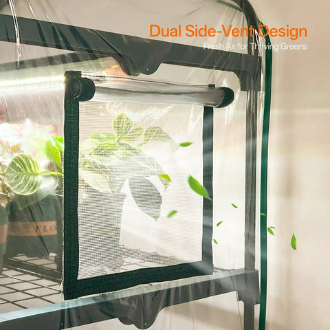 Space Saving Indoor Greenhouse With Grow Lights Four Tier Mini Grow Tent With Timer Zippered PVC Cabinet airflow window detail