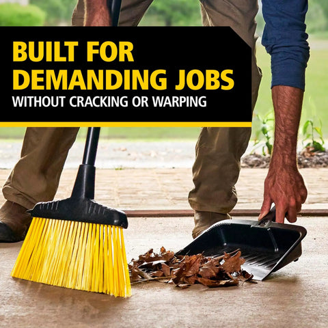 Person using Heavy Duty Dust Pan 12.25 Inch for Home and Professional Cleanup, collecting leaves with a broom on a patio