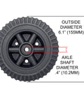 6 Inch Black Blow Molded Plastic Replacement Wheels And Axle Caps For 3 8 Inch Shafts detailed view with size measurements.