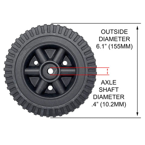 6 Inch Black Blow Molded Plastic Replacement Wheels And Axle Caps For 3 8 Inch Shafts detailed view with size measurements.