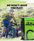 Cyclist rides bike with 2 Pack Fat Tire Bike Inner Tubes 20x3.0 20x3.3 20x3.5 With Schrader Valve And 2 Tire Levers package.