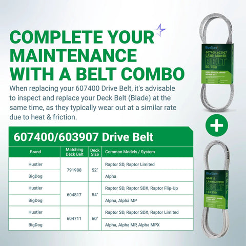 Aramid Cord Heavy-Duty Drive Belt For Hustler Raptor SD Zero-Turn Mowers, diagram and replacement details, 603907 607400