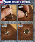 Tools for Badass Gold Chicago Screws For Leather Projects shown in steps for easy installation on leather pieces.