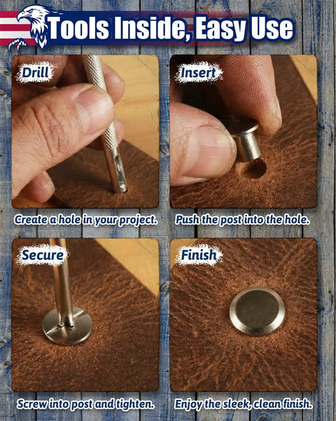 Tools for Badass Gold Chicago Screws For Leather Projects shown in steps for easy installation on leather pieces.