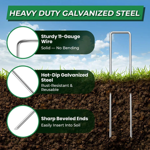 Beefed Up Six Inch Landscape Staples Kit With Fifty Galvanized U Shaped Stakes Fifty Gaskets Pick Hook And Rubber Mallet For Lawn Sod Weed Mat 11 Gauge Garden Pins For Yard showing sturdy galvanized steel staples with beveled ends