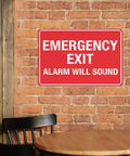 Emergency Shutoff Aluminum Warning Sign 8x12 Inches, Rustproof Multicolor Safety Plaque For Industrial Plants Gas And Liquid Supply Control Zones, High Visibility, Weatherproof And Durable. Red emergency exit sign on brick wall