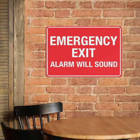 Emergency Shutoff Aluminum Warning Sign 8x12 Inches, Rustproof Multicolor Safety Plaque For Industrial Plants Gas And Liquid Supply Control Zones, High Visibility, Weatherproof And Durable. Red emergency exit sign on brick wall