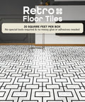 Retro Peel And Stick 12-Inch Vinyl Floor Tiles, Affinity pattern, installed in a modern room, covers 20 sq ft per box