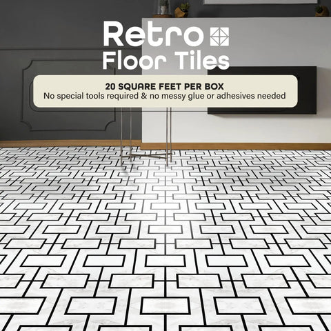 Retro Peel And Stick 12-Inch Vinyl Floor Tiles, Affinity pattern, installed in a modern room, covers 20 sq ft per box