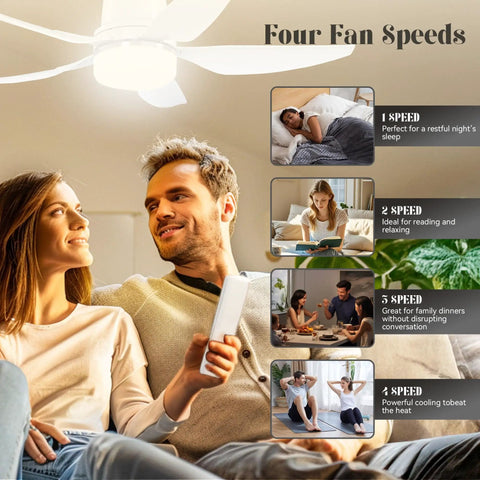 Ceiling Fan Light With Remote, Dimmable LED, Four Speeds, 3000K To 6500K remote control scene with couple sitting under fan