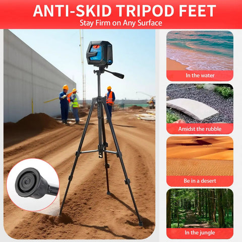 Adjustable Laser Level Tripod For Line And Point Lasers With One Quarter Twenty Mount, Extends 20.5 To 55 Inches, Collapsible Legs And Non Slip Feet, Stable Swivel Base, Carrying Pouch, For Precise Measurements On Any Job Site. Tripod with anti-skid feet on dirt