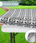 Snug Fit Elastic Fitted Vinyl Table Cover For 6 Foot Tables, Non Slip Waterproof Flannel Backed Plastic Tablecloth, Stain Proof, Black 30x72 Inches