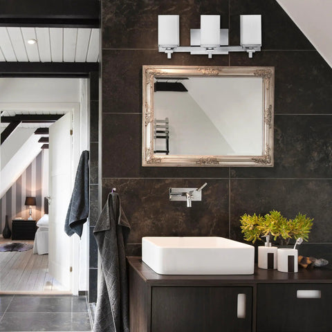 All In One Bathroom Set With 3 Light Vanity Bar Towel Bar Towel Ring Robe Hook And Toilet Paper Holder In Polished Chrome Finish shown above a mirror.